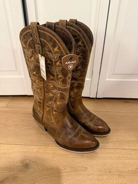 Ariat Brown Leather Western Boots with Yellow Embroidery